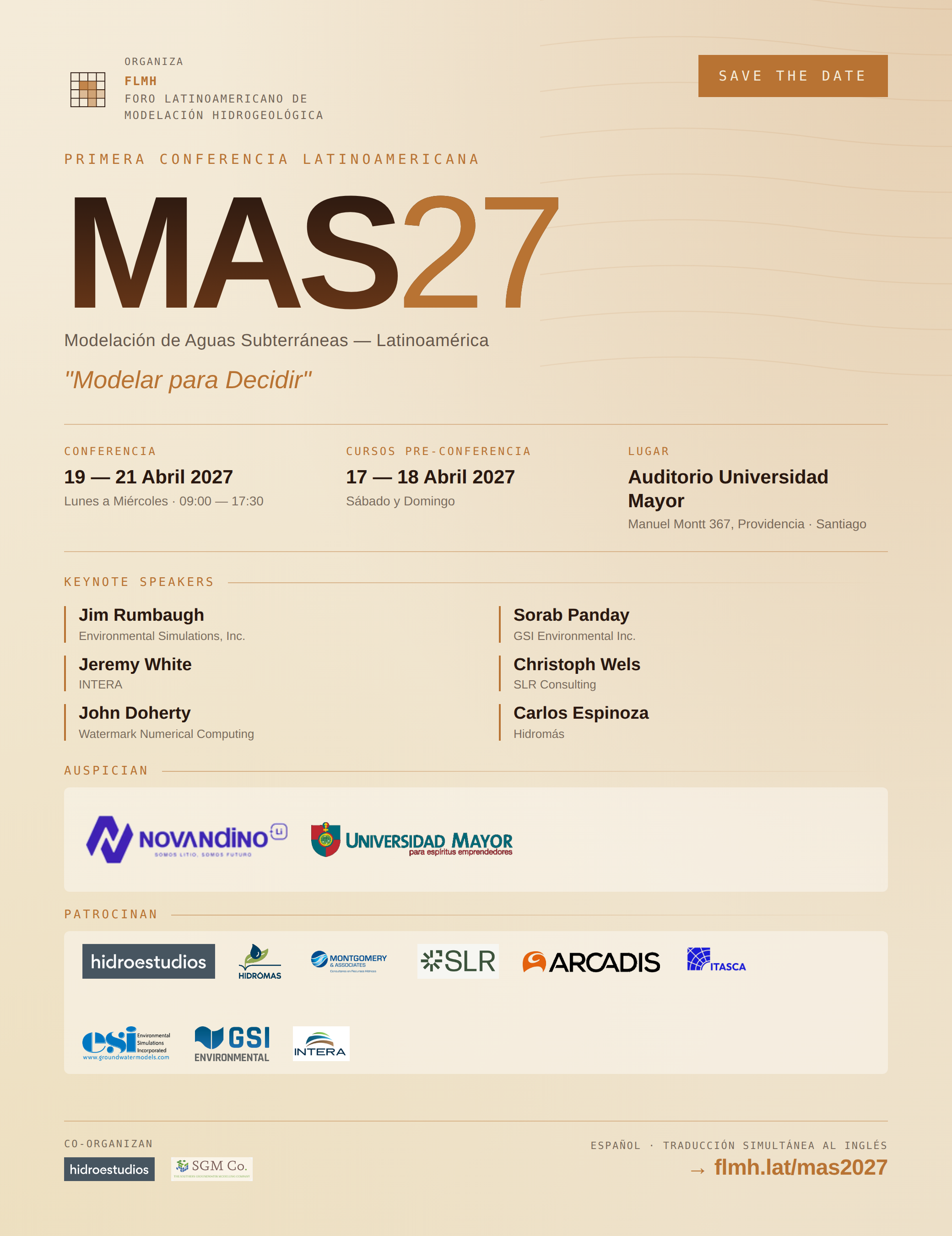 Brochure Save the Date MAS 2027 — Primera Conferencia Latinoamericana de Modelación de Aguas Subterráneas, 19 al 21 de abril 2027, Santiago de Chile.